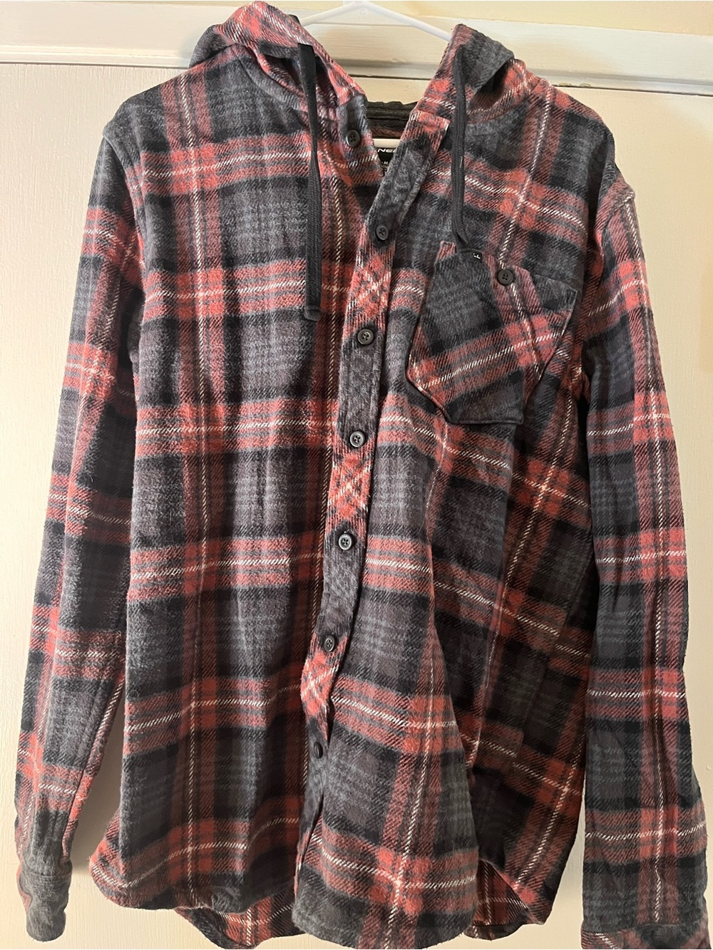 O’Neill Surf Hooded Red and Black Flannel Button-Up